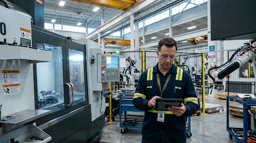 Industrial engineer working at a CNC manufacturing cell