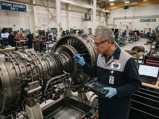 Technician inspecting precision turbine machinery